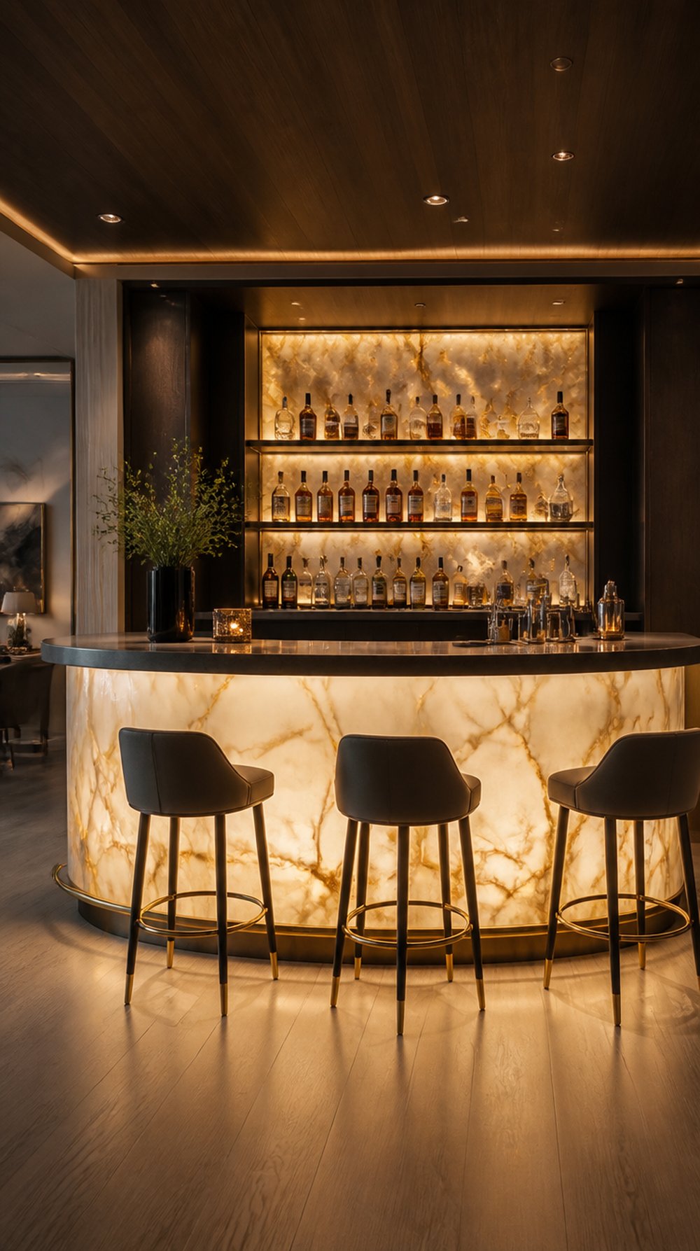 Backlit alabaster wall and counter glowing in a luxury home bar