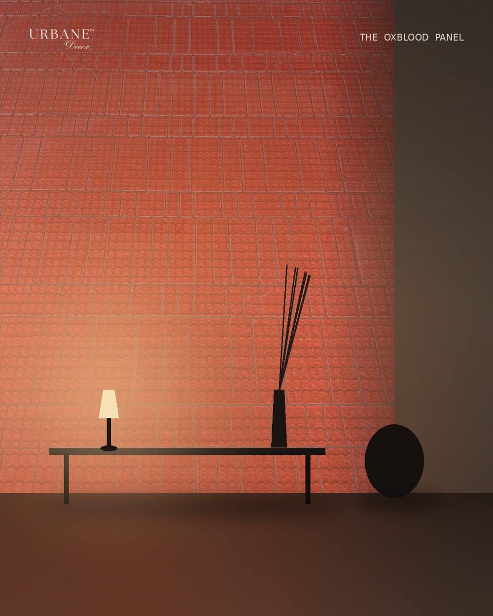 Oxblood epoxy resin feature wall behind a console in a styled interior