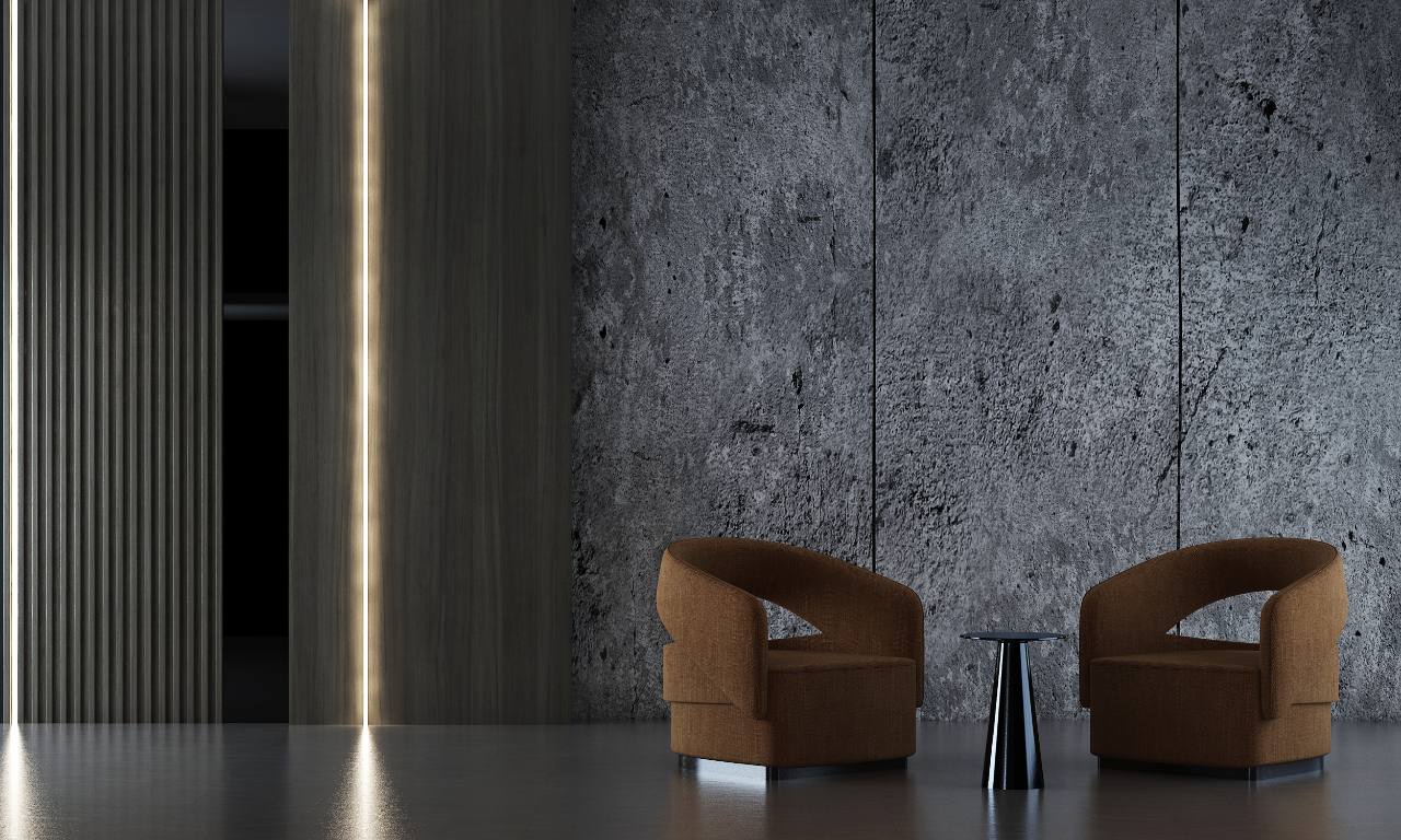 Indore bungalow living room with a stone-look feature wall