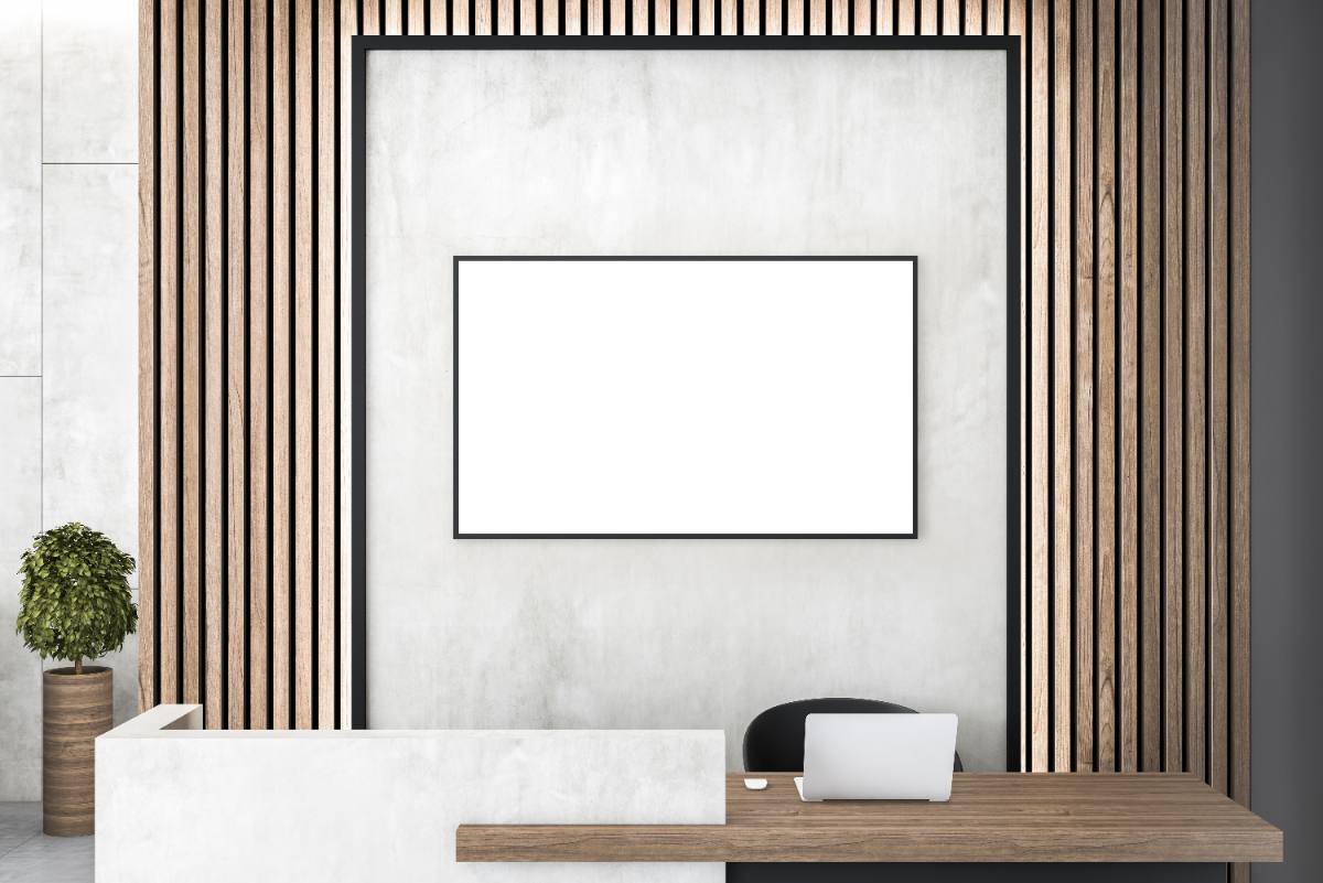 Tech-park office reception with a wood-slat feature wall