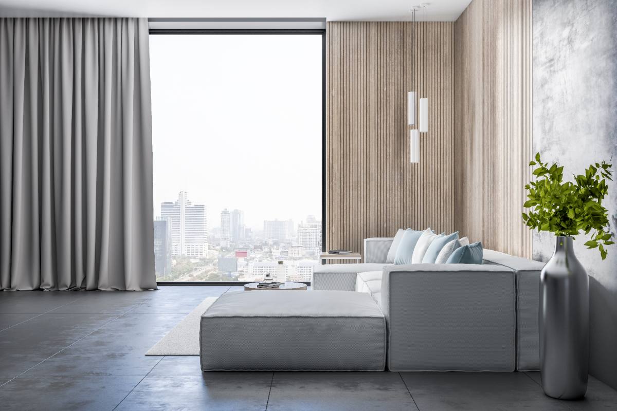 Kochi waterfront apartment living room with a feature wall