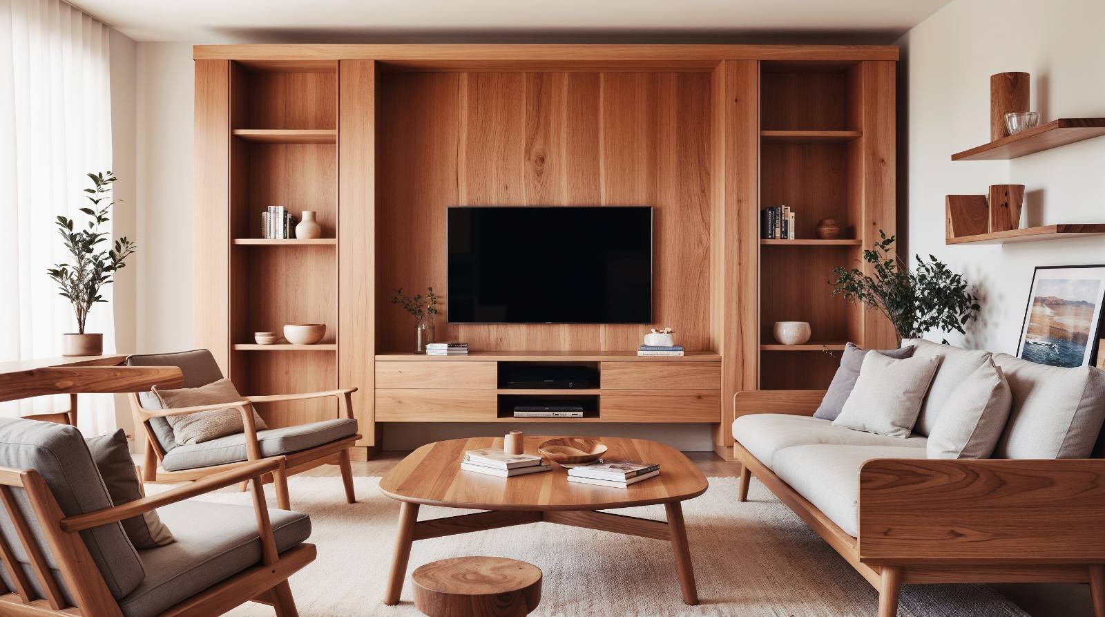 Living room with a wooden TV unit wall, shelves and warm wood finishes