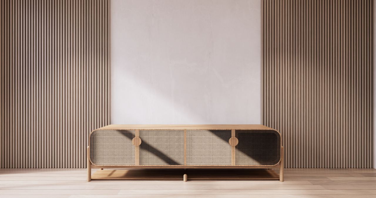 Wood slat wall panels on both sides of a plain centre wall with a cane-front TV console