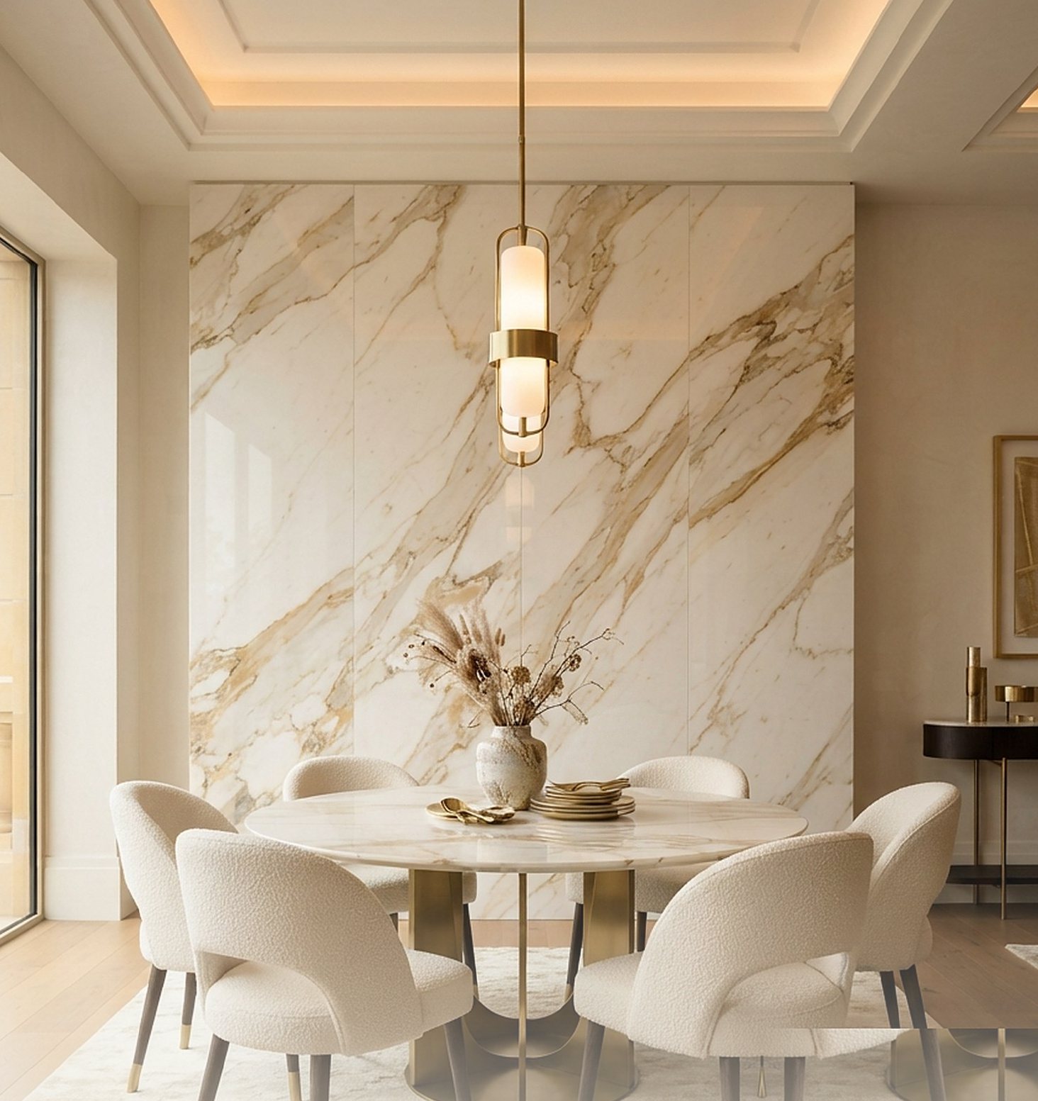 Gold-veined SPC marble wall panel in a dining room