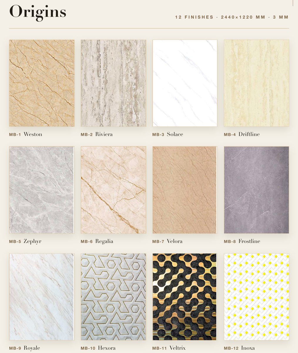 Maestà Bharat Origins SPC wall panel finishes, classic marble and travertine