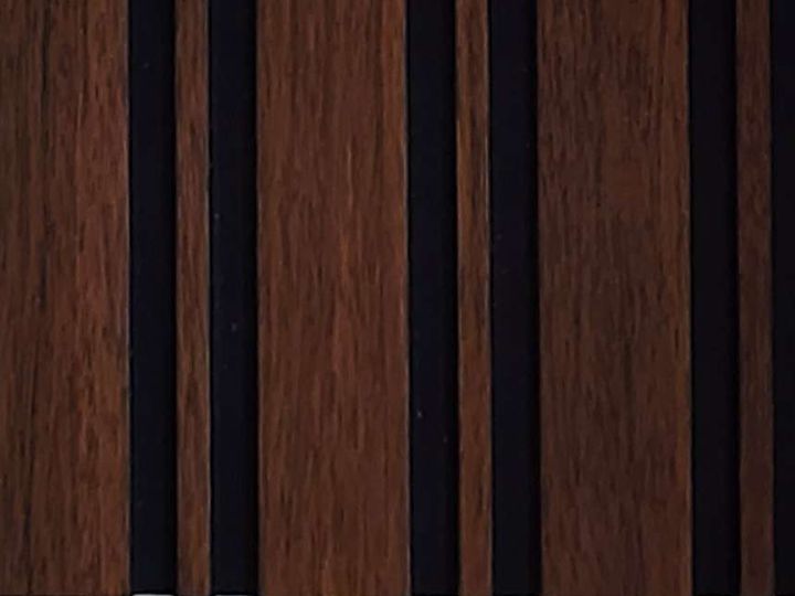 Real sample of STAVORA charcoal louver in a walnut finish with wide flat battens