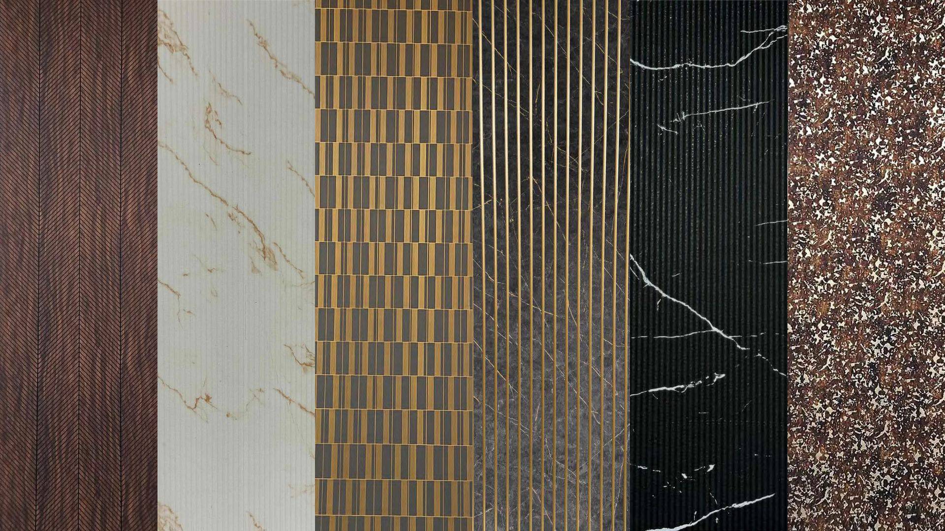 NERO charcoal sheets side by side in marble, gold mosaic, fluted and stone textures